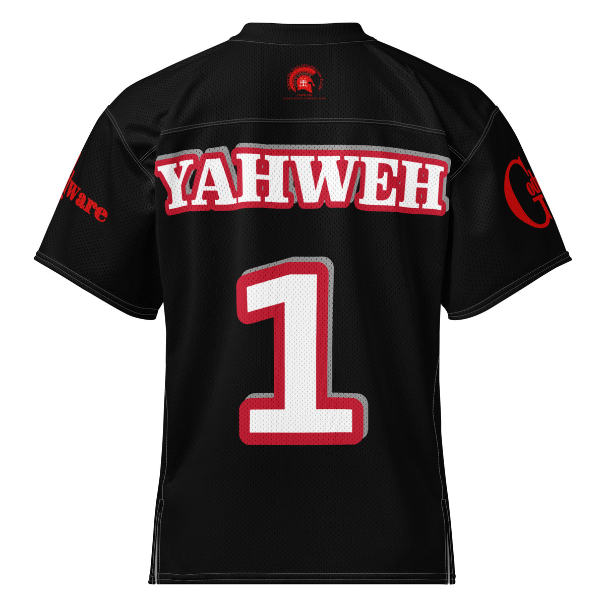 Back of Yahweh Christian football jersey in black featuring bold YAHWEH lettering and number 1.