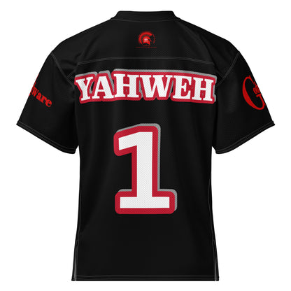 Back of Yahweh Christian football jersey in black featuring bold YAHWEH lettering and number 1.