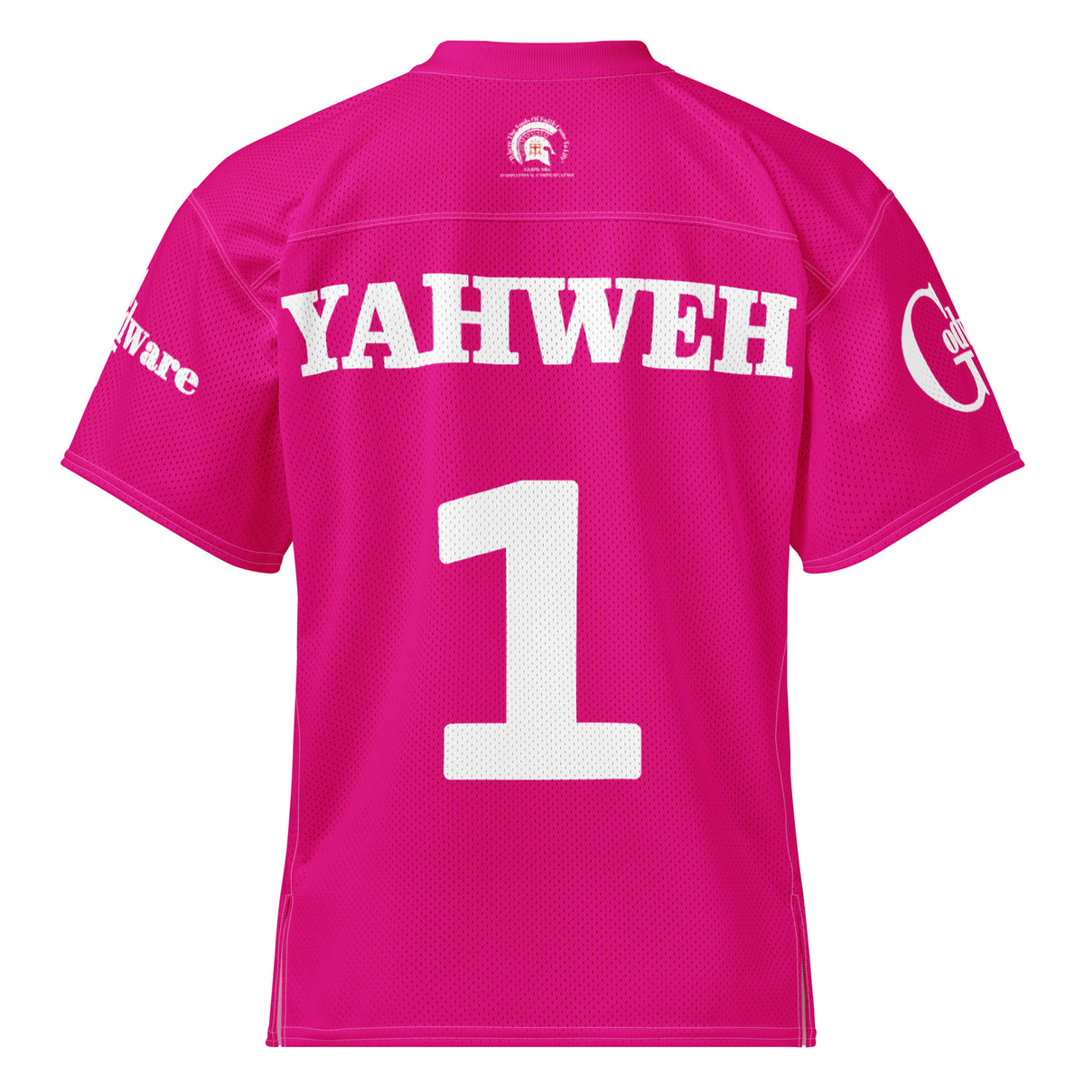 Yahweh Christian Football Jersey in bright pink with back view featuring YAHWEH and number 1 for stylish game day.