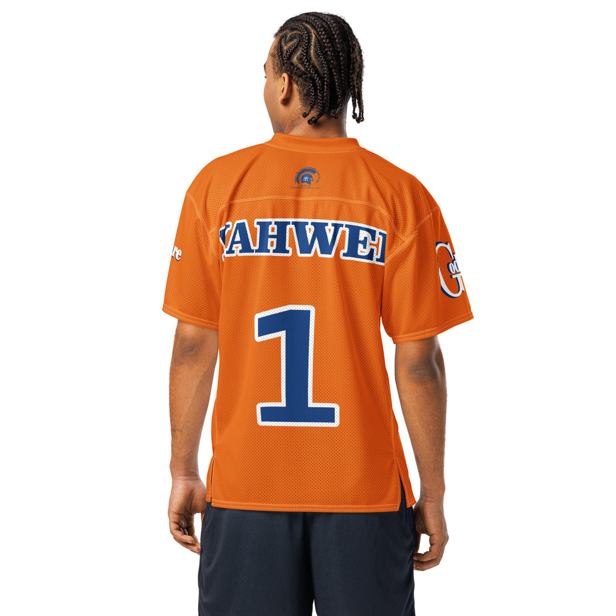Back view of Yahweh Christian football jersey in orange with blue accents and number 1, perfect for showing your faith.