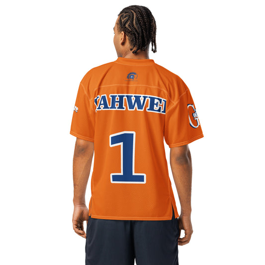 Back view of Yahweh Christian football jersey in orange with blue accents and number 1, perfect for showing your faith.
