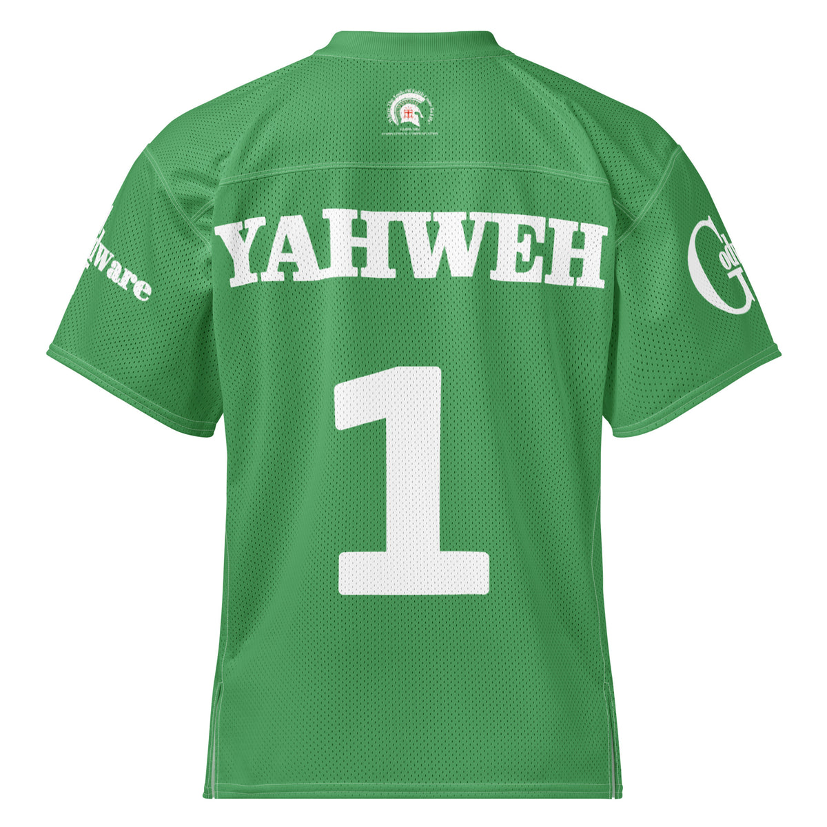 Yahweh Christian football jersey in green with large number 1 on the back, showcasing faith-inspired sportswear.