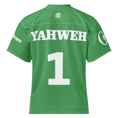 Yahweh Christian football jersey in green with large number 1 on the back, showcasing faith-inspired sportswear.