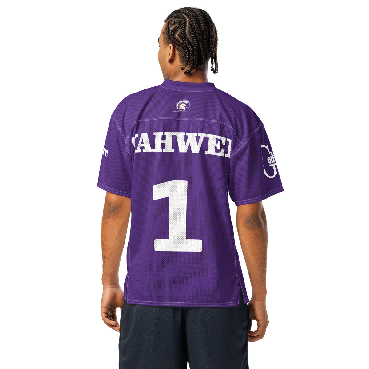 Back view of Yahweh Christian football jersey in purple, featuring large white lettering and number 1.
