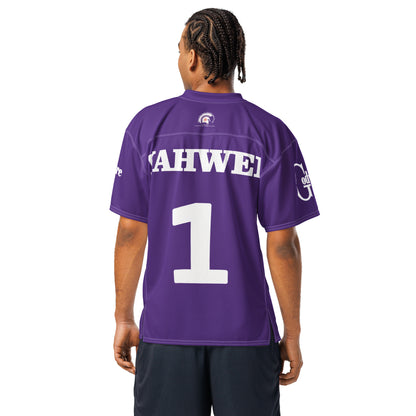 Back view of Yahweh Christian football jersey in purple, featuring large white lettering and number 1.
