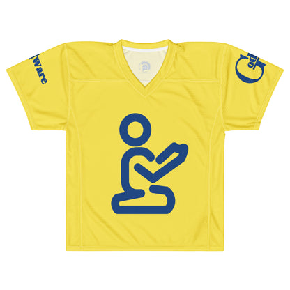 Yahweh Christian football jersey in bright yellow featuring a blue praying figure design.