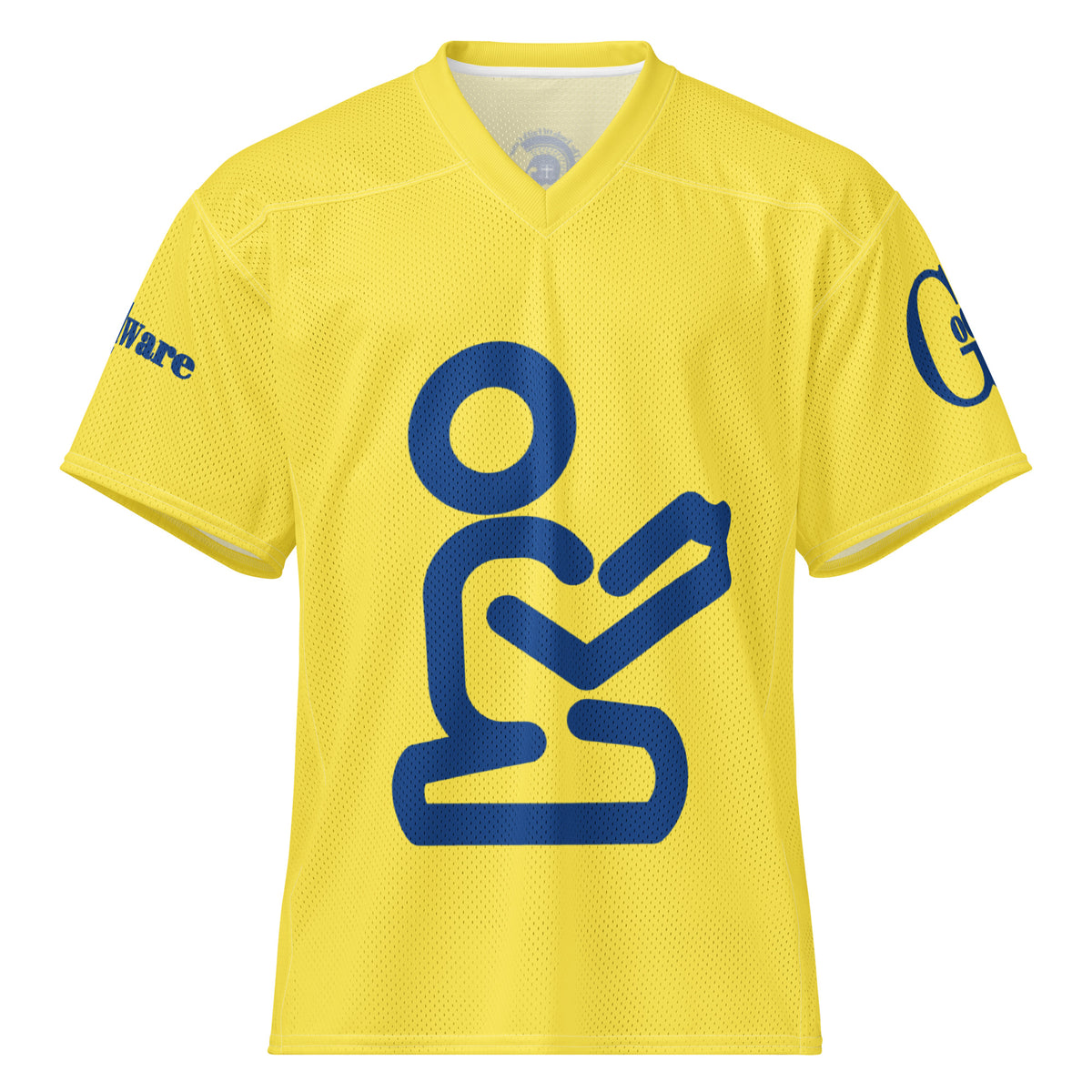 Yahweh Christian Football Jersey in yellow with blue praying figure and GodWare branding.