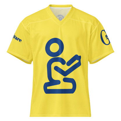 Yahweh Christian Football Jersey in yellow with blue praying figure and GodWare branding.