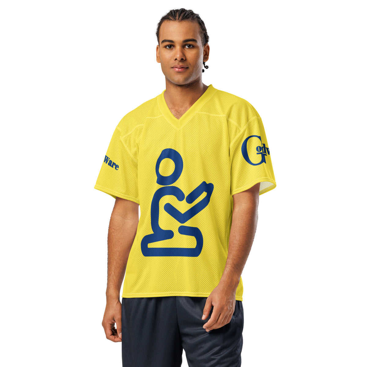 Yahweh Christian football jersey in bright yellow with blue logo and branding by GodWare, perfect for casual wear.