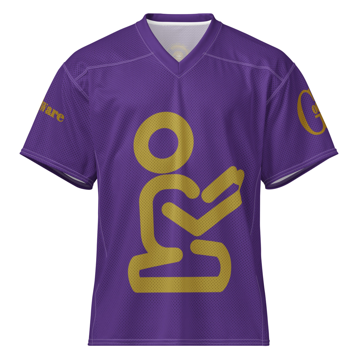 Yahweh Christian football jersey in purple with gold praying figure and GodWare branding.
