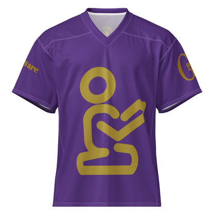 Yahweh Christian football jersey in purple with gold praying figure and GodWare branding.