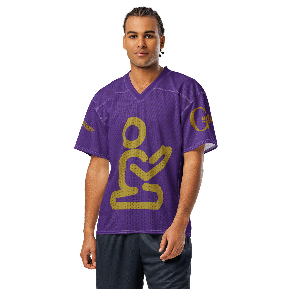 Yahweh Christian football jersey in purple and gold, featuring praying figure logo and matching sleeve branding.