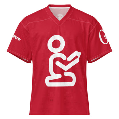 Yahweh Christian football jersey in red with white praying figure and GodWare branding.