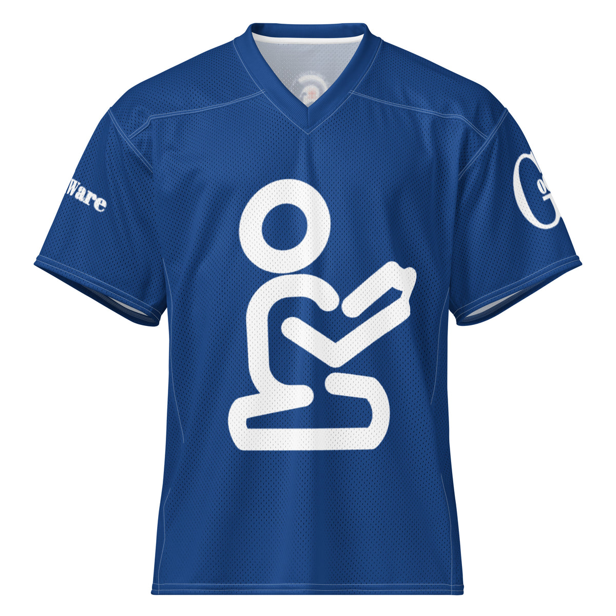 Yahweh Christian football jersey in royal blue featuring a white praying figure and GodWare branding.