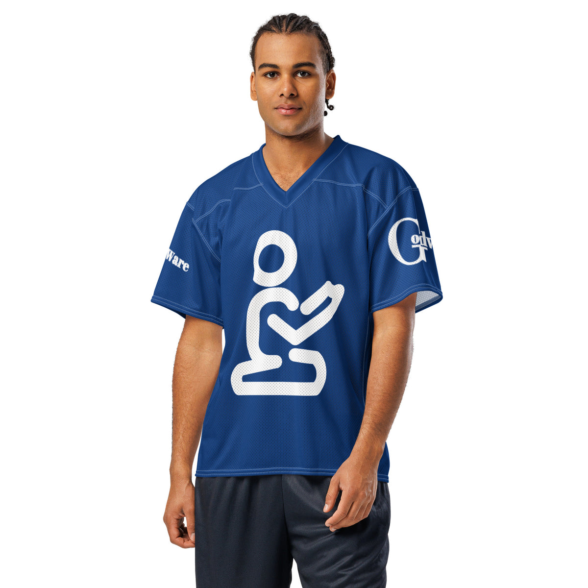 Christian football jersey in royal blue with white praying figure design and GodWare branding.