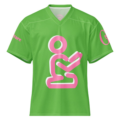 Yahweh Christian football jersey in bright green with pink praying figure design and GodWare branding.