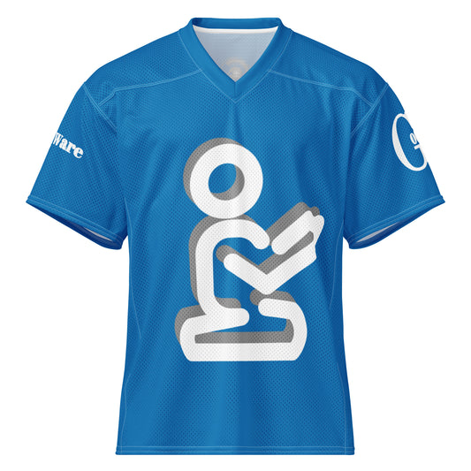 Yahweh Christian football jersey in medium blue featuring a white praying figure design.