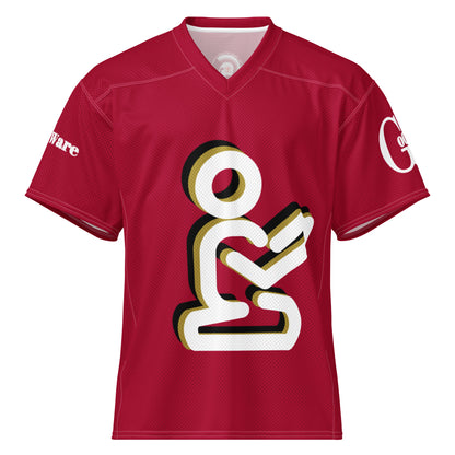 Yahweh Christian football jersey in red featuring a white praying figure and GodWare branding.