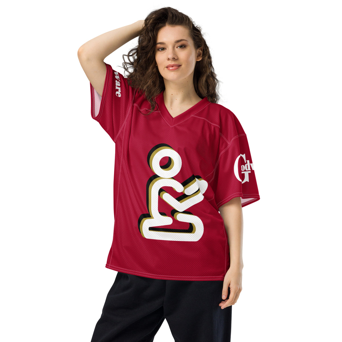 Yahweh Christian football jersey in red with white praying figure and GodWare branding.