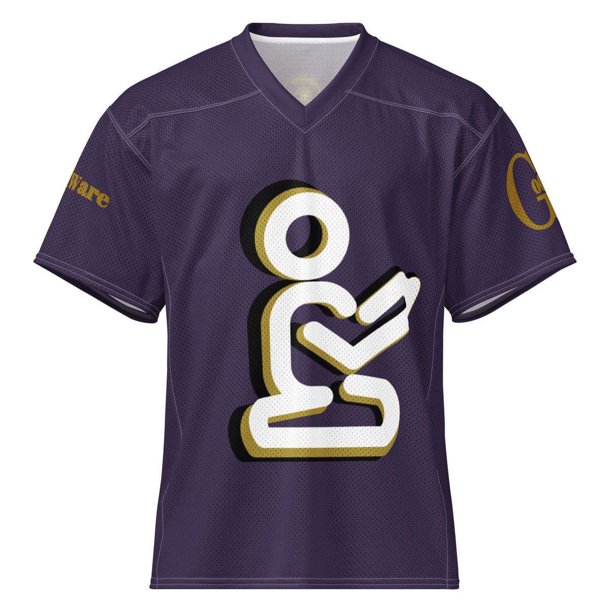 Yahweh Christian football jersey in rich purple featuring a praying figure logo and GodWare branding.