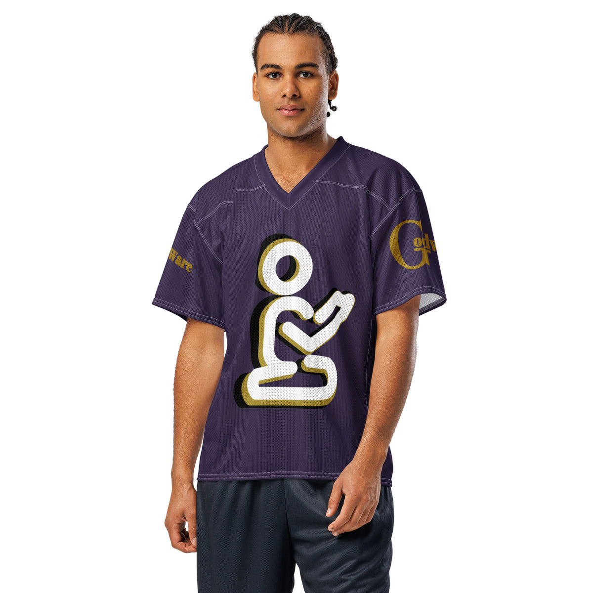 Christian football jersey in purple featuring a white praying figure and gold accents, perfect for expressing faith.