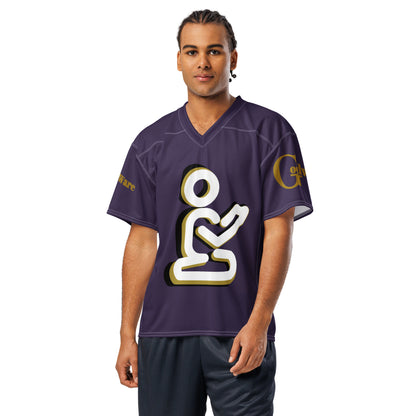 Christian football jersey in purple featuring a white praying figure and gold accents, perfect for expressing faith.