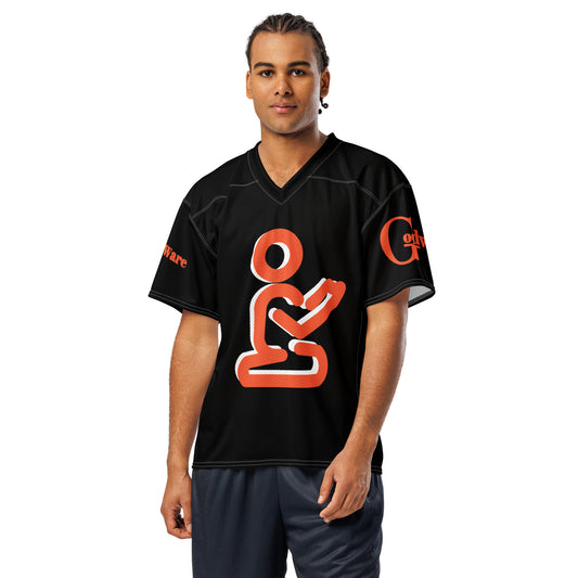 Yahweh Christian football jersey in dark orange on black, featuring a praying figure and YAHWEH lettering, focus on Christian faith.