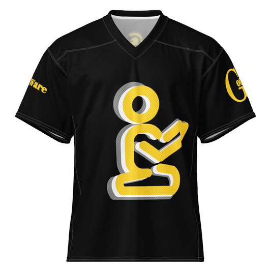Yahweh Christian football jersey in black featuring a yellow praying figure, perfect for showcasing faith in sports.
