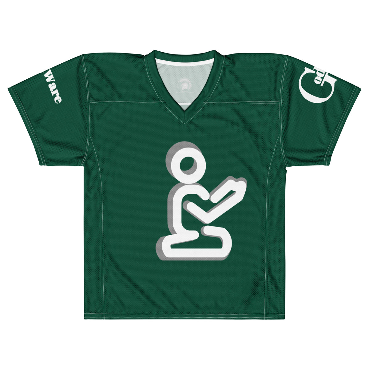 Yahweh Christian football jersey in green with white praying figure and GodWare branding.