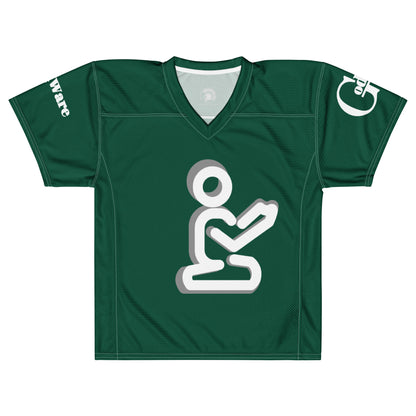 Yahweh Christian football jersey in green with white praying figure and GodWare branding.