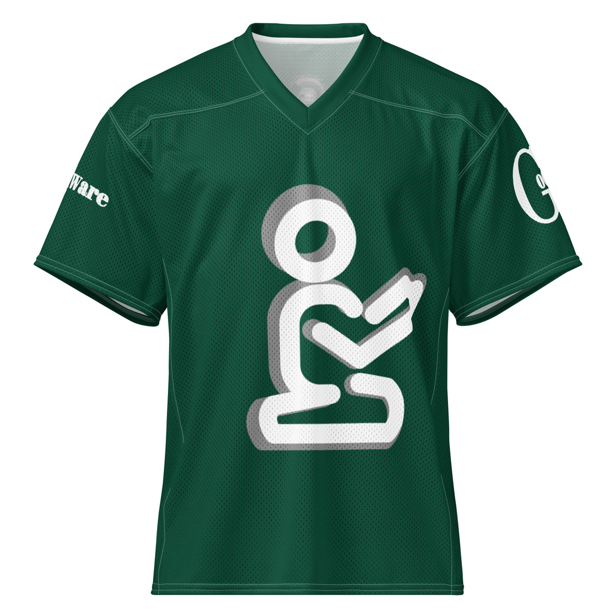 Yahweh Christian football jersey in deep green featuring a white praying figure and GodWare branding.