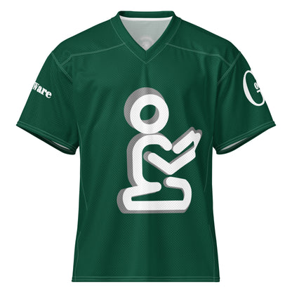 Yahweh Christian football jersey in deep green featuring a white praying figure and GodWare branding.