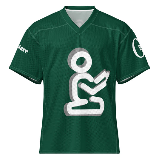 Yahweh Christian football jersey in deep green featuring a white praying figure and GodWare branding.