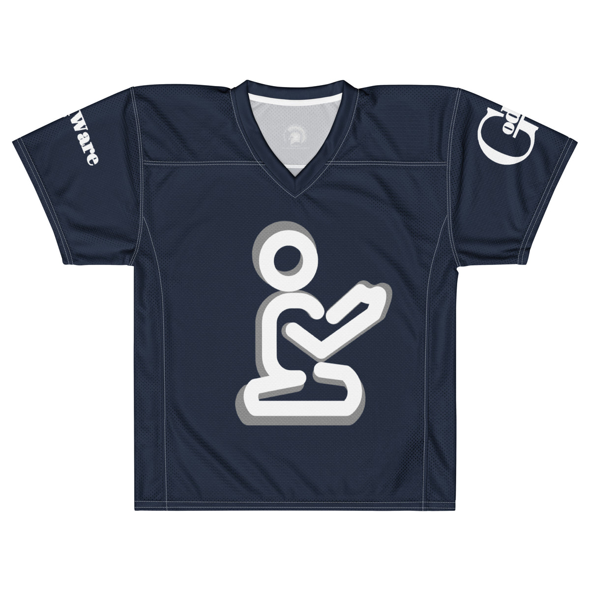 Navy Christian football jersey laid flat, showing V-neck and white praying figure with gray shadow accents
