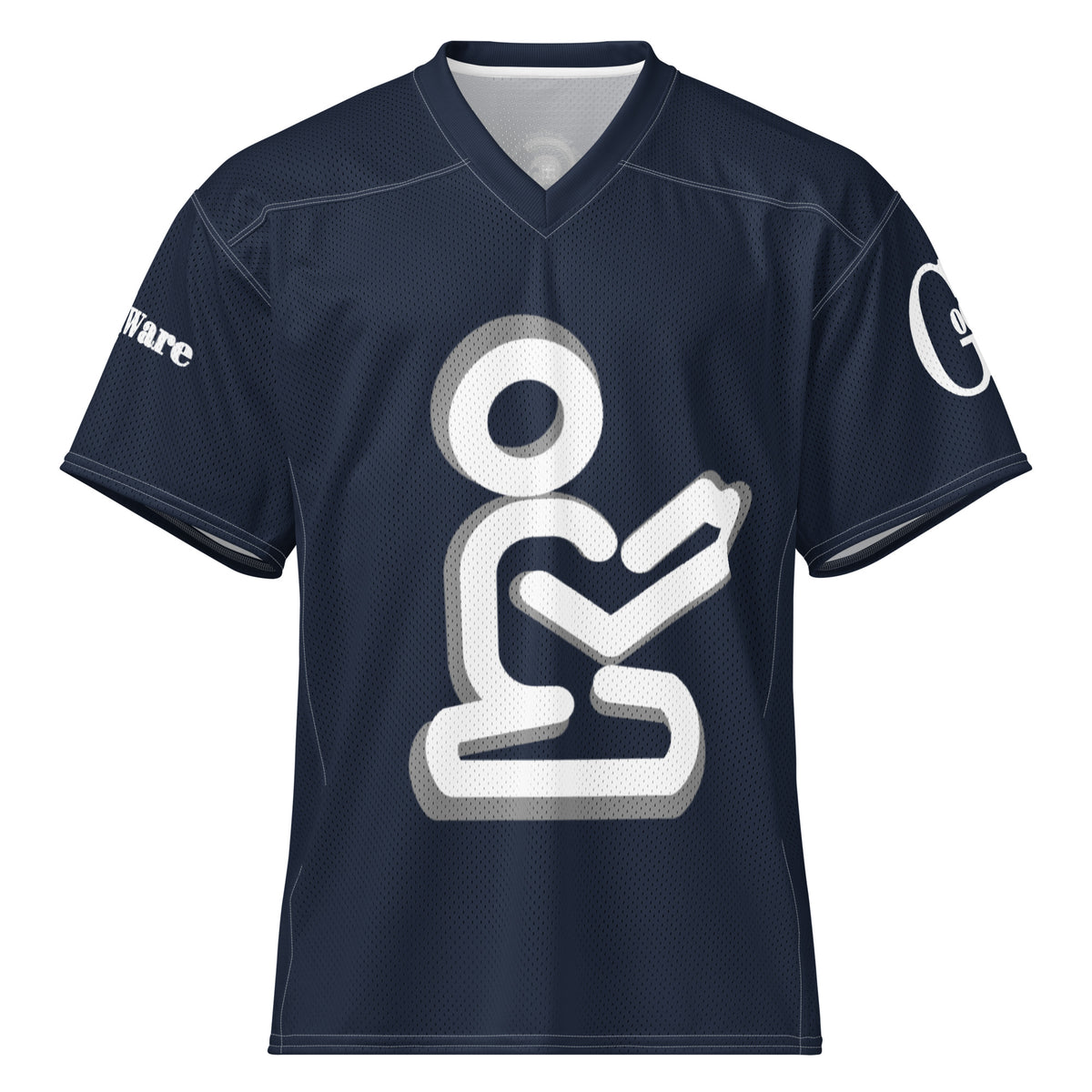 Front of navy blue Christian football jersey with white praying figure and gray shadow accents
