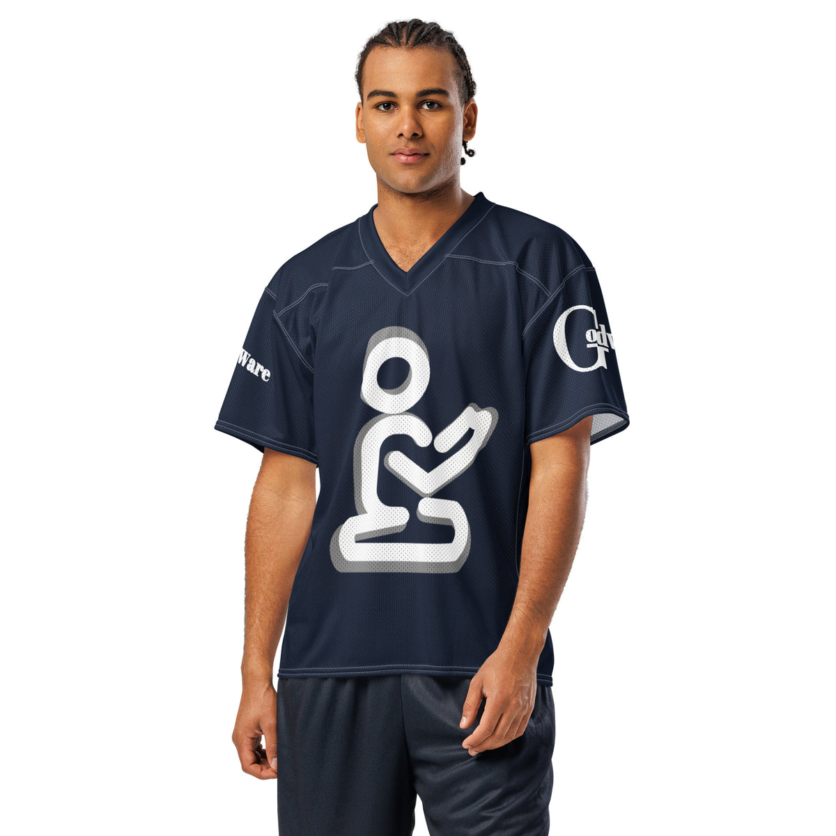 Model wearing navy blue Christian football jersey with white praying figure and gray shadow accents