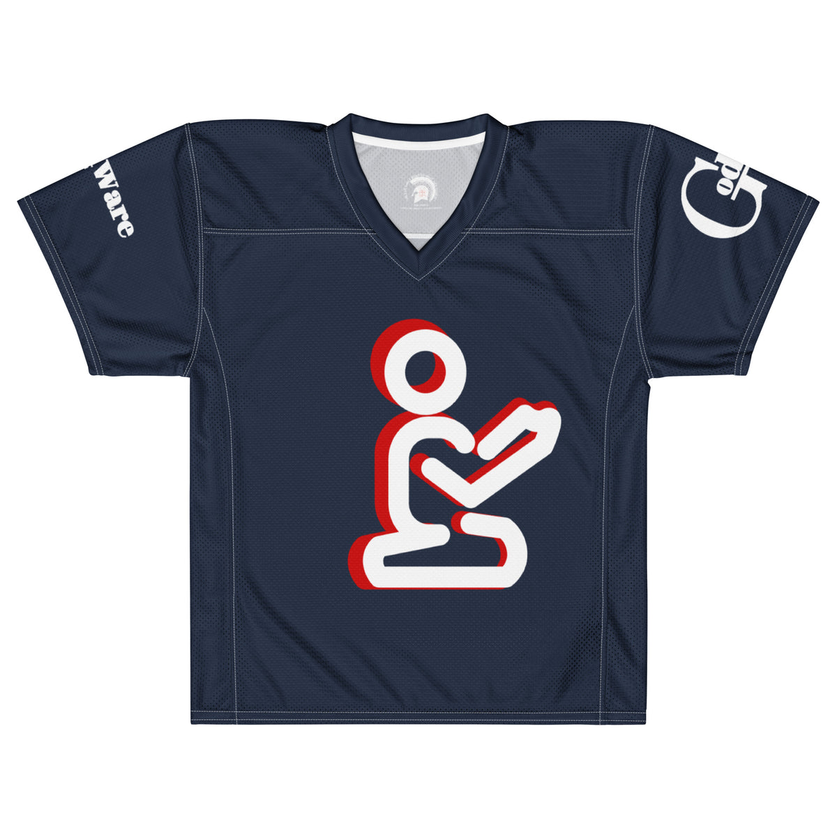Navy Christian football jersey laid flat, showing V-neck and white-and-red prayer artwork