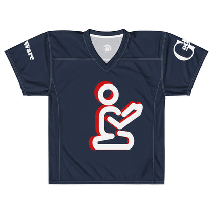 Navy Christian football jersey laid flat, showing V-neck and white-and-red prayer artwork