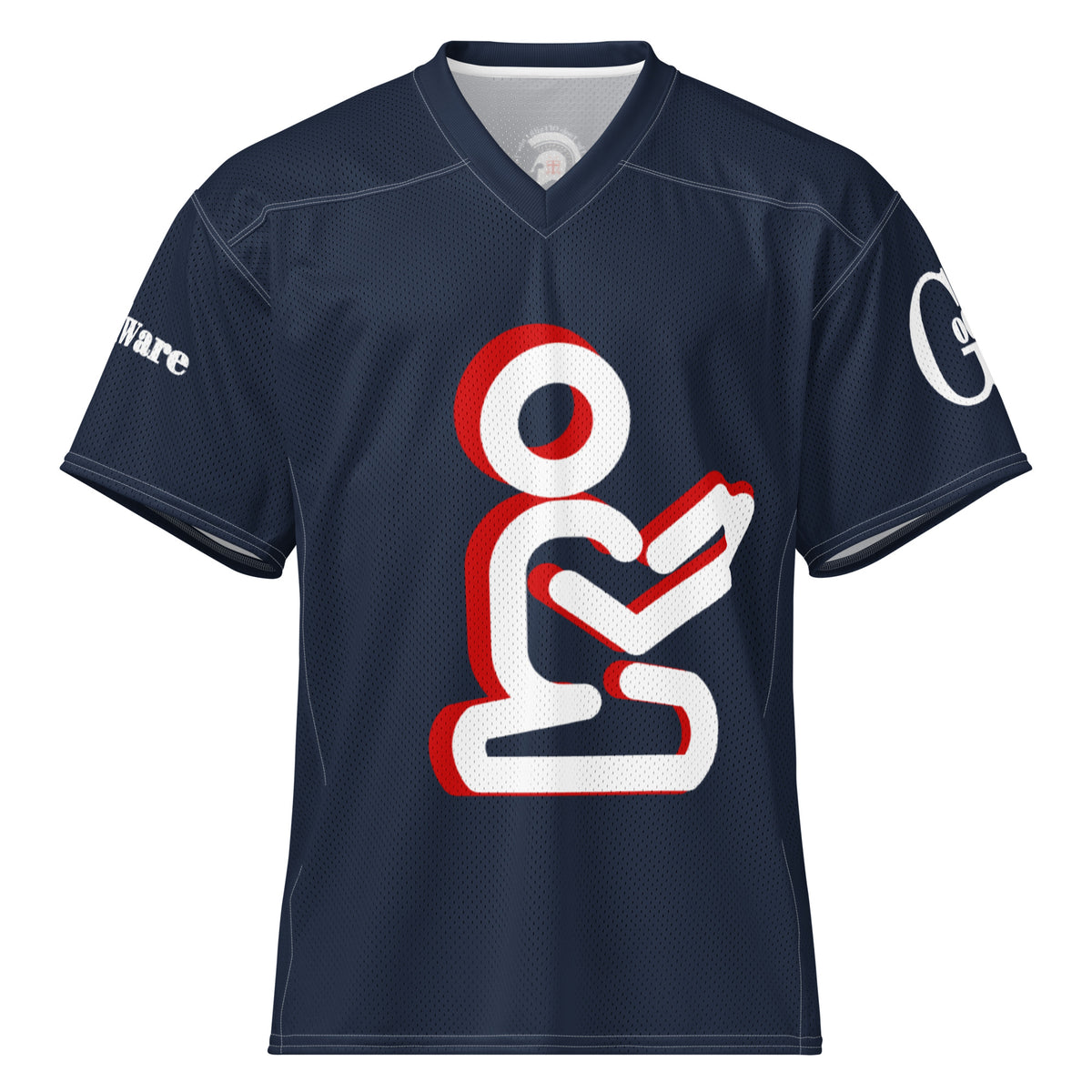 Front of navy blue Christian football jersey with white praying figure and red shadow accents