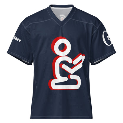 Front of navy blue Christian football jersey with white praying figure and red shadow accents