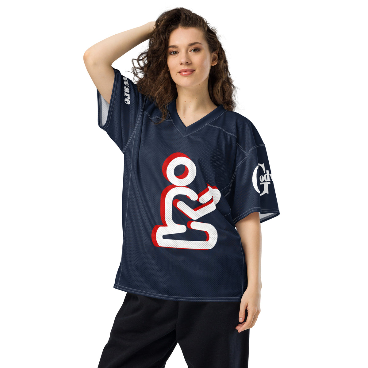 Model wearing navy Christian football jersey, showing the front praying figure and loose fit