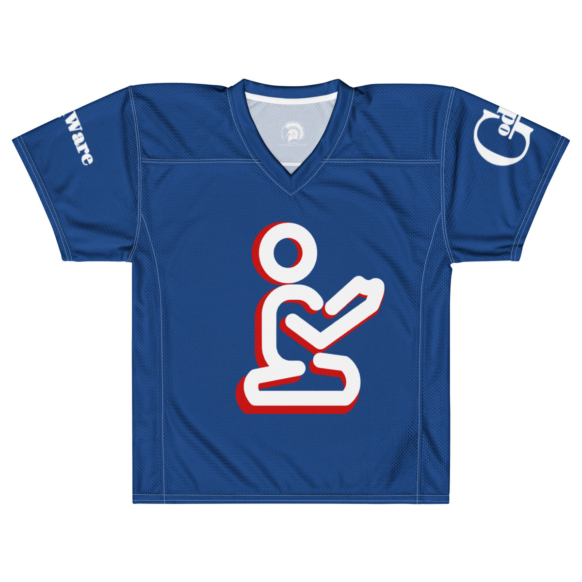 Royal blue Christian football jersey laid flat, showing V-neck and white-and-red prayer artwork