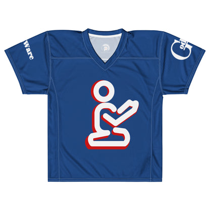 Royal blue Christian football jersey laid flat, showing V-neck and white-and-red prayer artwork