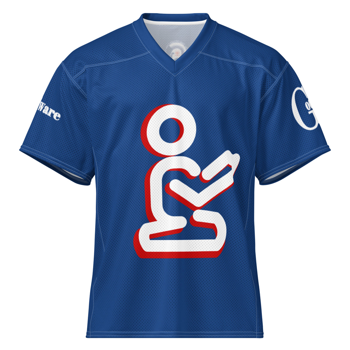 Front of royal blue Christian football jersey with white praying figure and red shadow accents