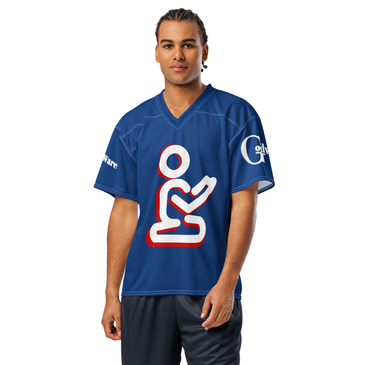 Model wearing royal blue Christian football jersey with white-and-red praying figure