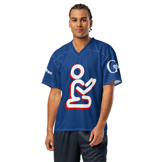 Model wearing royal blue Christian football jersey with white-and-red praying figure