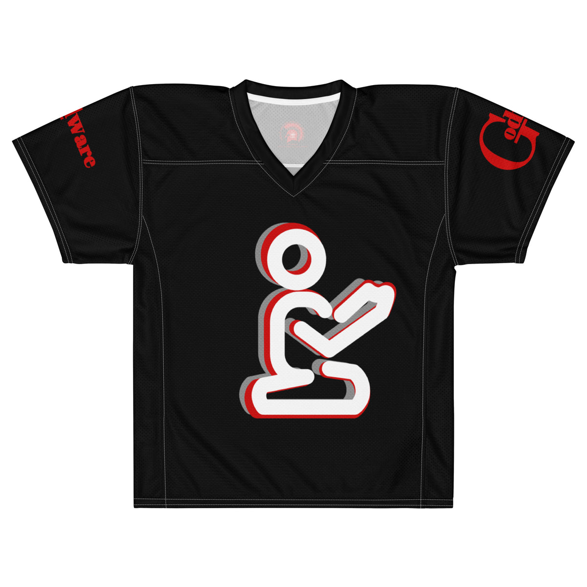 Yahweh Christian football jersey in black featuring a white praying figure and red accents, perfect for game-day style.