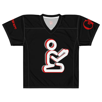 Yahweh Christian football jersey in black featuring a white praying figure and red accents, perfect for game-day style.