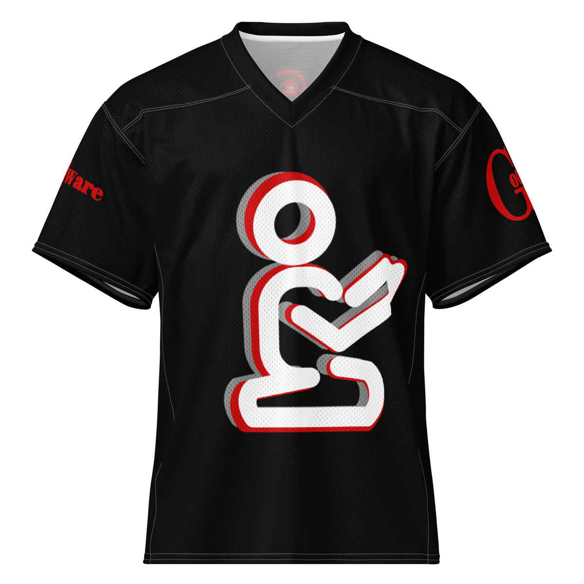 Yahweh Christian football jersey featuring black color with praying figure design and red accents, ideal for game day.