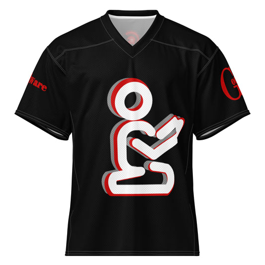 Yahweh Christian football jersey featuring black color with praying figure design and red accents, ideal for game day.